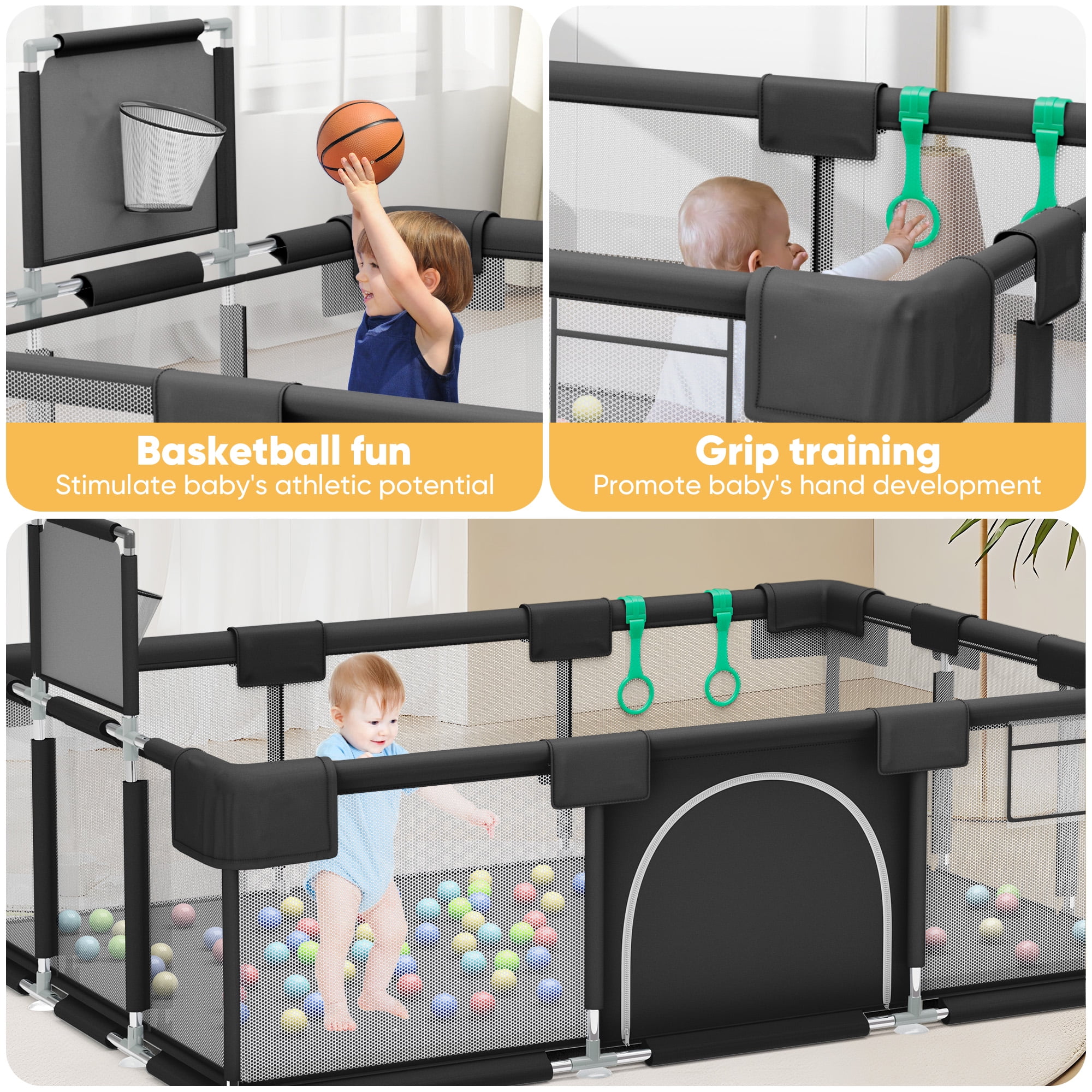 babyeap Baby Playpen,73 Inch Extra Large Baby Playard,Playpen for Babies and Toddlers With Basketball Hoop,Children Kids Play Fence for Indoors Outdoors,Black