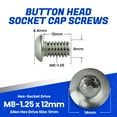thumbnail image 3 of Fastenere Button Head Socket Cap Screws - M8-1.25 x 12MM (25-pack) Stainless Steel 18-8, Full Thread, Plain Finish, Flat Point, ISO 7380 Metric Screw Set, Easy to Install w/ Allen Hex Socket Drive, 3 of 7