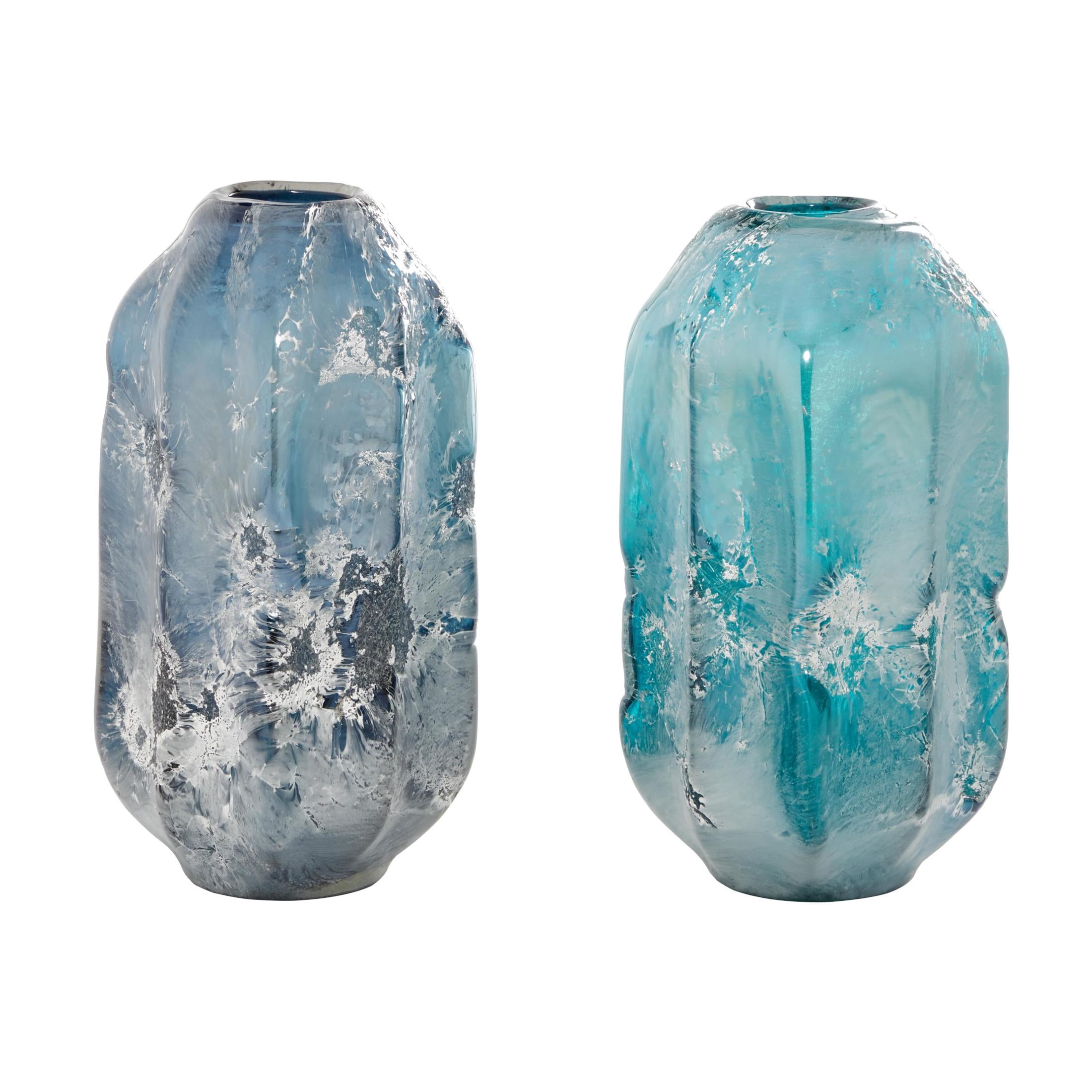 DecMode 12", 11"H Handmade Blown Blue Glass Vase, Set of 2