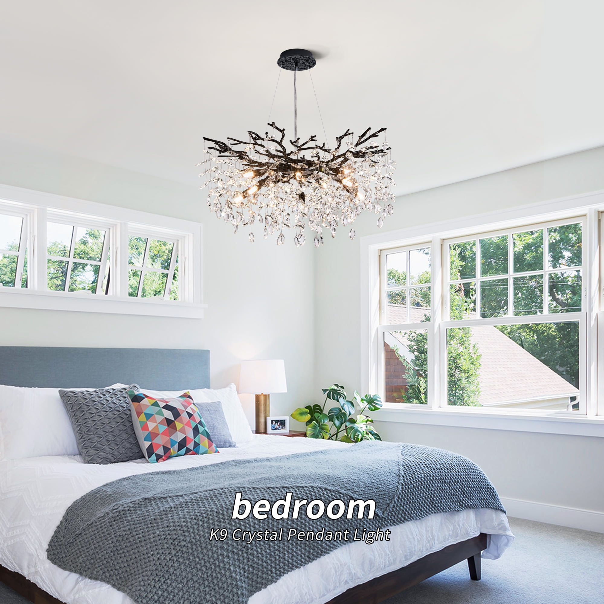 Modern Tree Branch Crystal Chandelier, Adjustable Height 20-78.7 Inches, Luxury Black Metal & Sparkling Crystal Lighting Fixture for Dining Room, Living Room, Bedroom