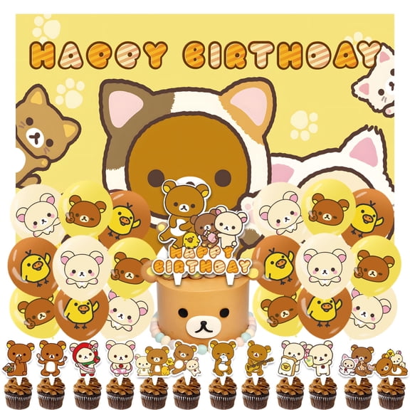32 Pcs For Rilakkuma Theme Birthday Party Supplies Party Favor Set,With 18 Balloons,13 Cupcake Toppers,5*3ft Birthday Backdrop Decorations, All in One Party Supply Set