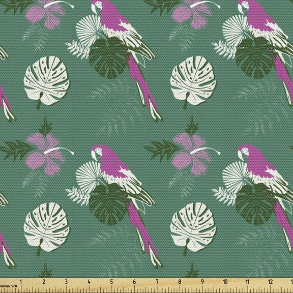 Exotic Upholstery Fabric by the Yard Tropical Pattern with Abstract Parrot and Monstera Leaves Decorative Fabric for DIY and Home Accents by Ambesonne