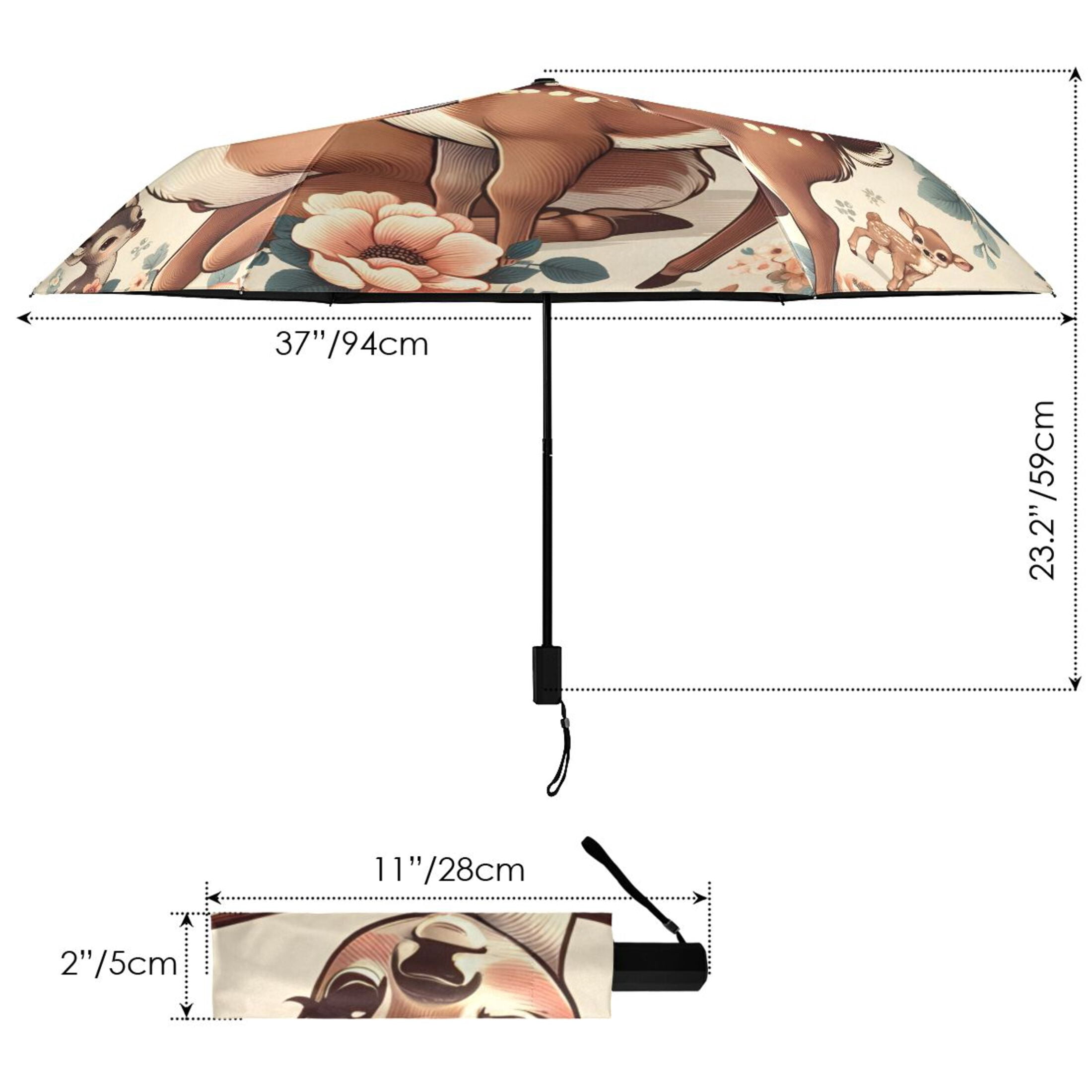 Retro Sika Deer and Flowers Compact Sun Umbrella Windproof Travel Umbrellas for Rain Strong Portable UV Protection