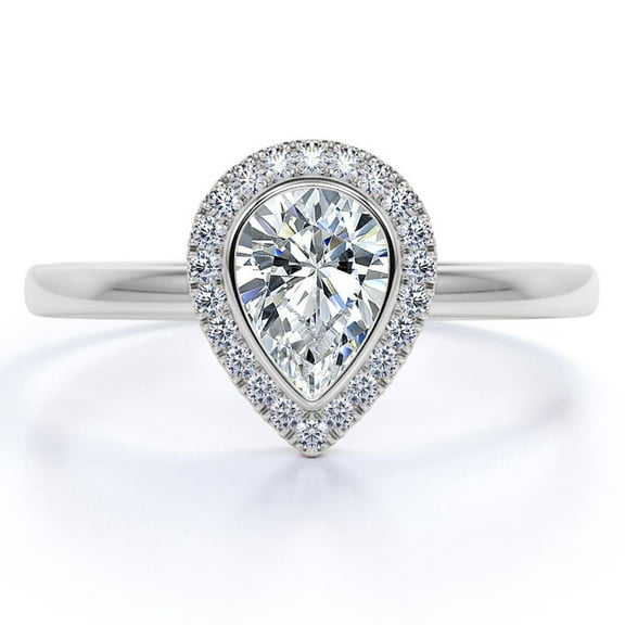 JeenMata 1.25 Carat Bezel Halo Pear Cut Engagement Ring Engagement Ring in 18K White Gold over Silver