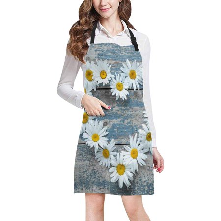 

ASHLEIGH Daisy Flowers in Heart Shape on Blue Painted Wood Adjustable Bib Apron with Pockets Commercial Restaurant and Home Kitchen Adjustable Apron