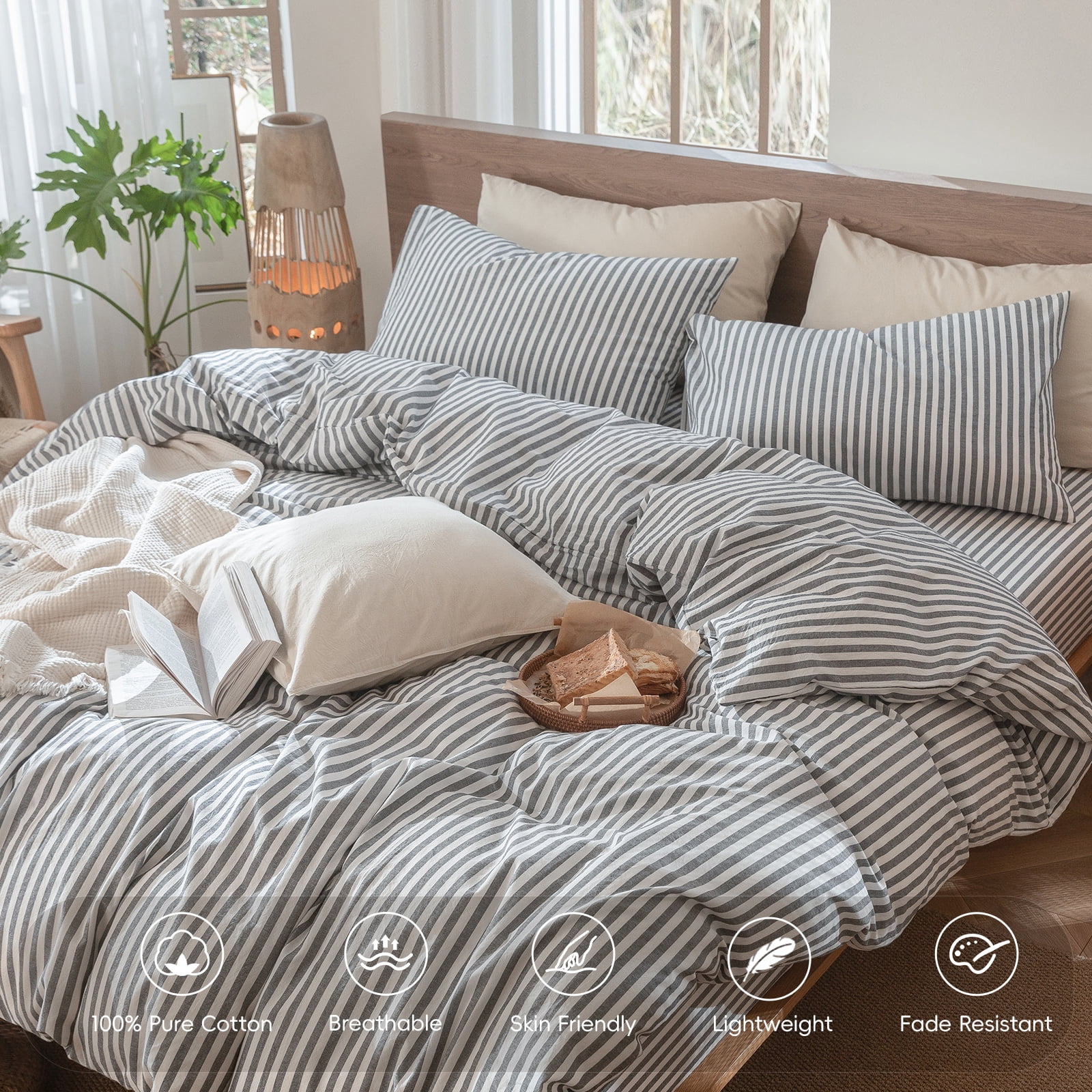 MooMee Striped Duvet Cover Set Cal-King 100% Washed Cotton Linen Like Textured Breathable 3-Piece (Dark Grey& White Classic Stripes)