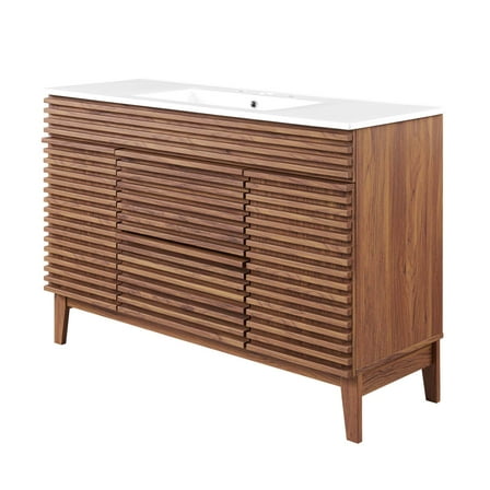 Sink Vanity Cabinet, Wood, Brown Walnut White, Modern Contemporary Urban Design, Hotel Bedroom Bathroom Master Suite Guest