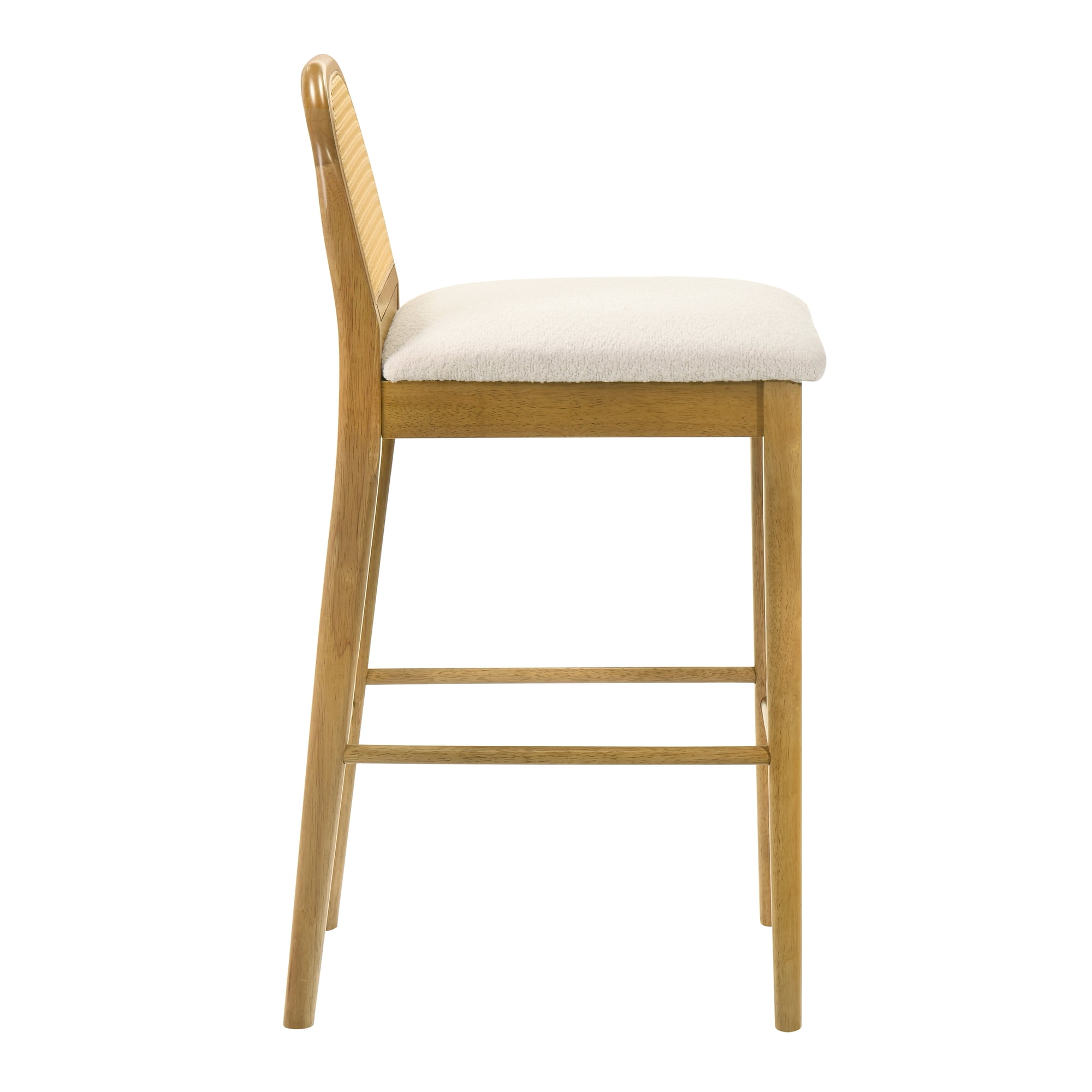 Lucio Modern Farmhouse Wood Bar Height Kitchen Bar Stool in Amber Glow Finish with White Boucle Fabric Upholstered Seat - Set of 2