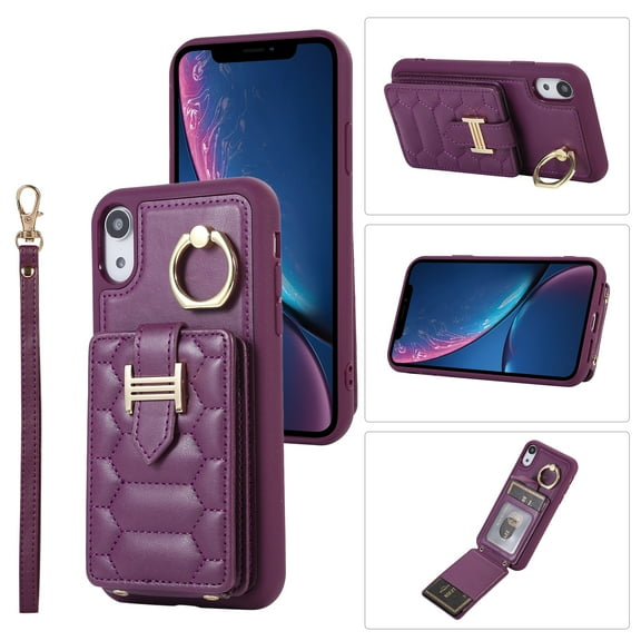 Nalacover Ring Holder Kickstand Case for iPhone XR 6.1" Crossbody Wallet Case with Credit Card Slots, Lanyard Shoulder Strap Premium PU Leather Wrist Hand Strap Cover, Deeppurple