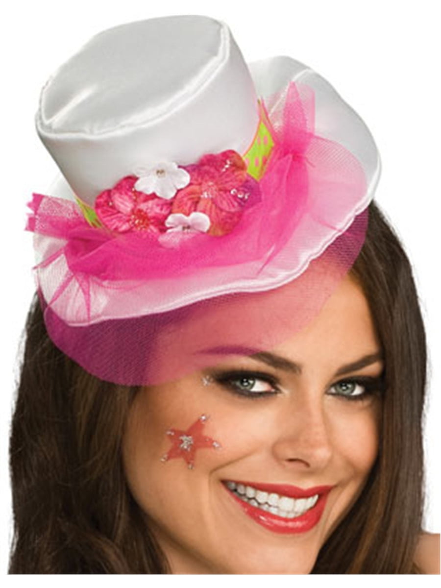 Women's White Mini Top Hat With Pink Veil and Flowers