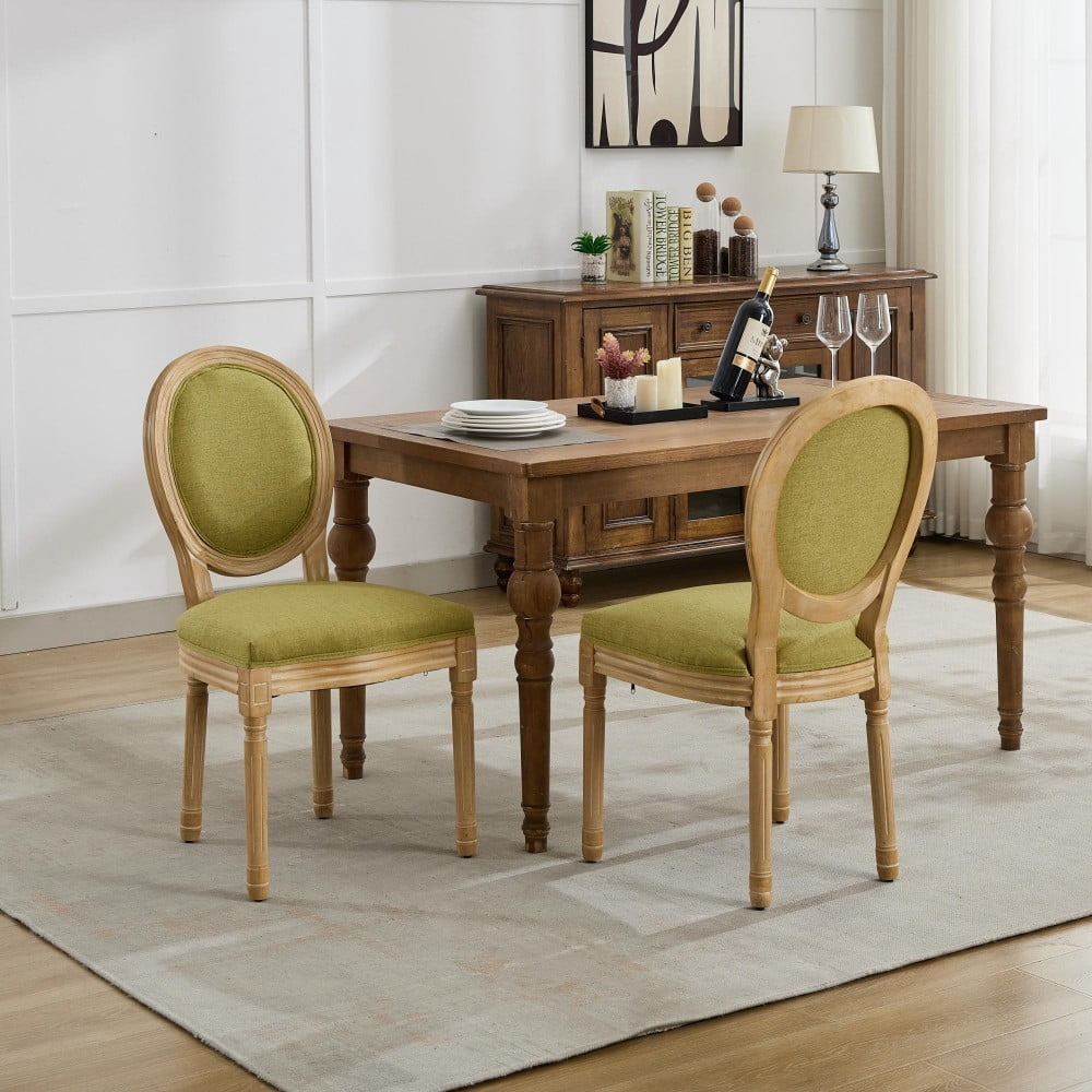 French Style Dining Chairs Set of 2, Solid Wood Upholstered Dining Room Chairs with Linen Fabric, Cushioned Backrest, Antique Finish, Olive Green