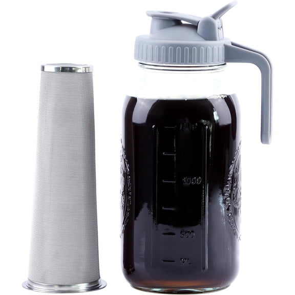 Cold Brew Coffee Maker 64 Oz Mason Jar Cold Brew Pitcher With Strainer Half Gallon Wide Mouth Glass Iced Coffee Maker With Spout Lids 2 Quart Glass Pitcher For Fridge, Sun Tea, Lemonade, Cold Brew