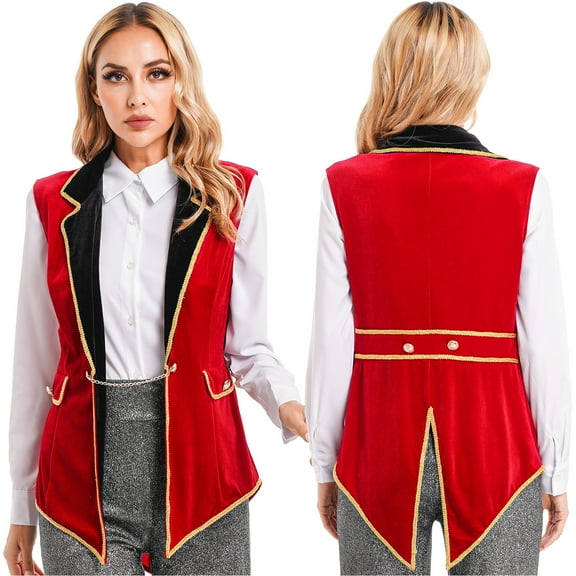 iiniim Women's Circus Ringmaster Vest Costume Rave Festival Lion Tamer Role Play Outfit Swallow-Tailed Balzer Jacket Red L