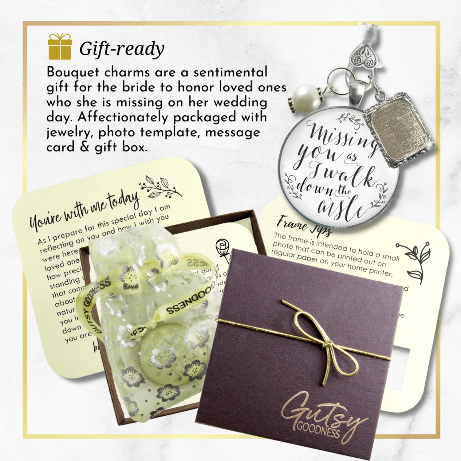 Wedding Bouquet Memorial Charm for Bride Missing You As I Walk Down the Aisle Silver White Pendant Photo Frame