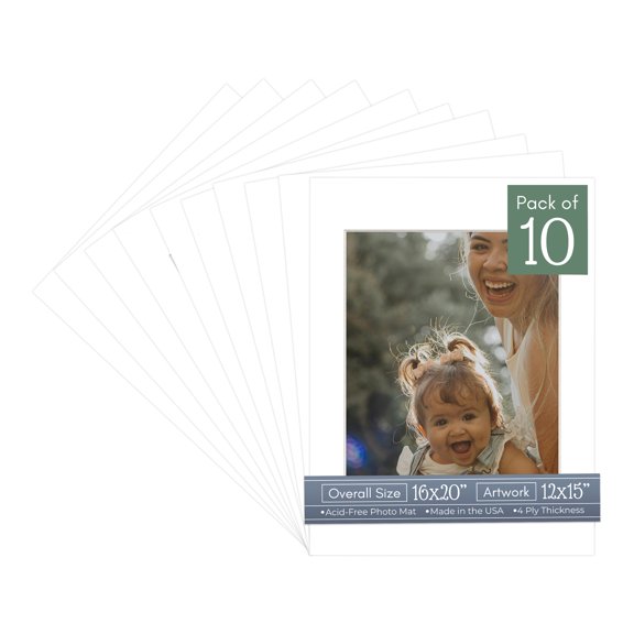 Textured White Picture Frame Mat for 16x20 Frames - Fits 12x15 Photos - 10 Mats