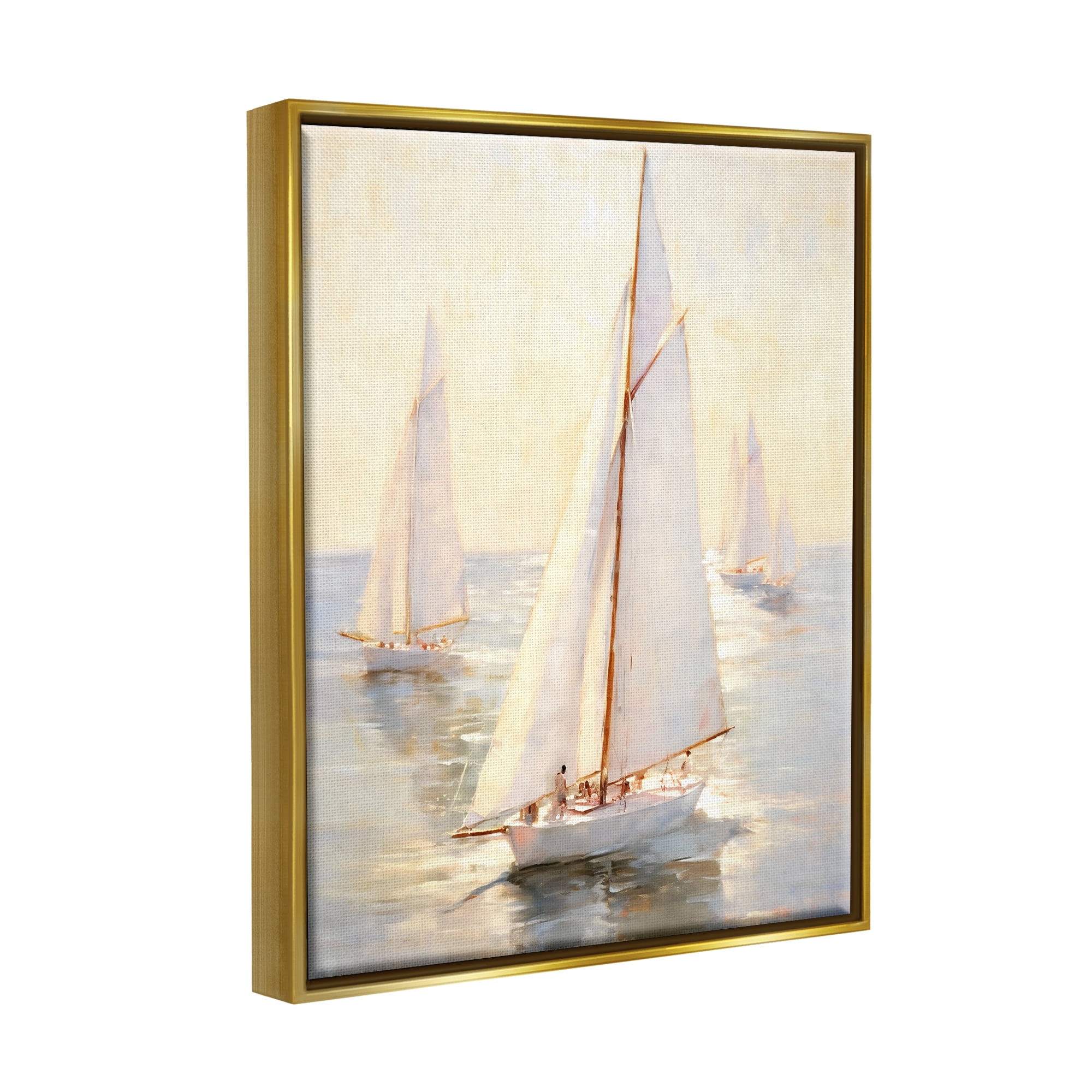 Stupell Industries Sunlit Sailboats Painting Transportation Painting Gold Floater Framed Canvas Art Print Wall Art, 17 x 21