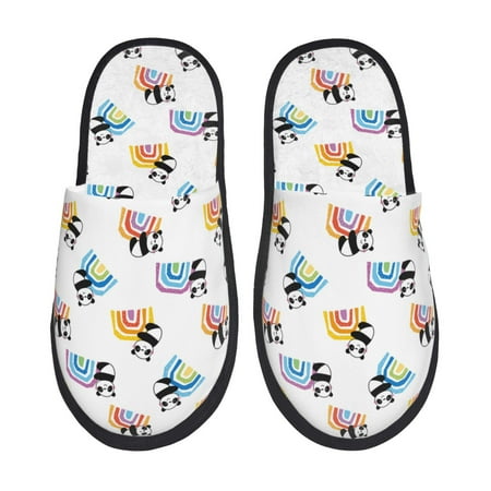 Balery Panda And Rainbow Slient Indoor Furry Fleece Comfort House Shoes Soft Non-Slip Home Shoes Cotton slippers House Slippers-- Large