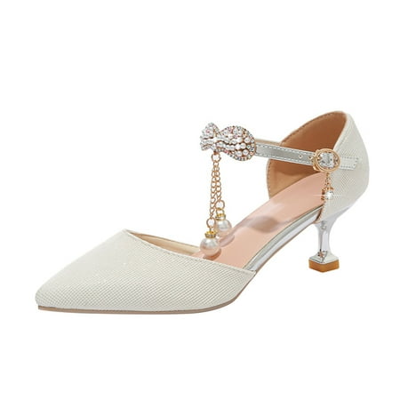 

Guangcong Girls Sandals Big Closed Toe Pointed Toe Princess Shoes Fine Flash Hook Buckle Fine Mid Heels Sandals Sizes 4 White