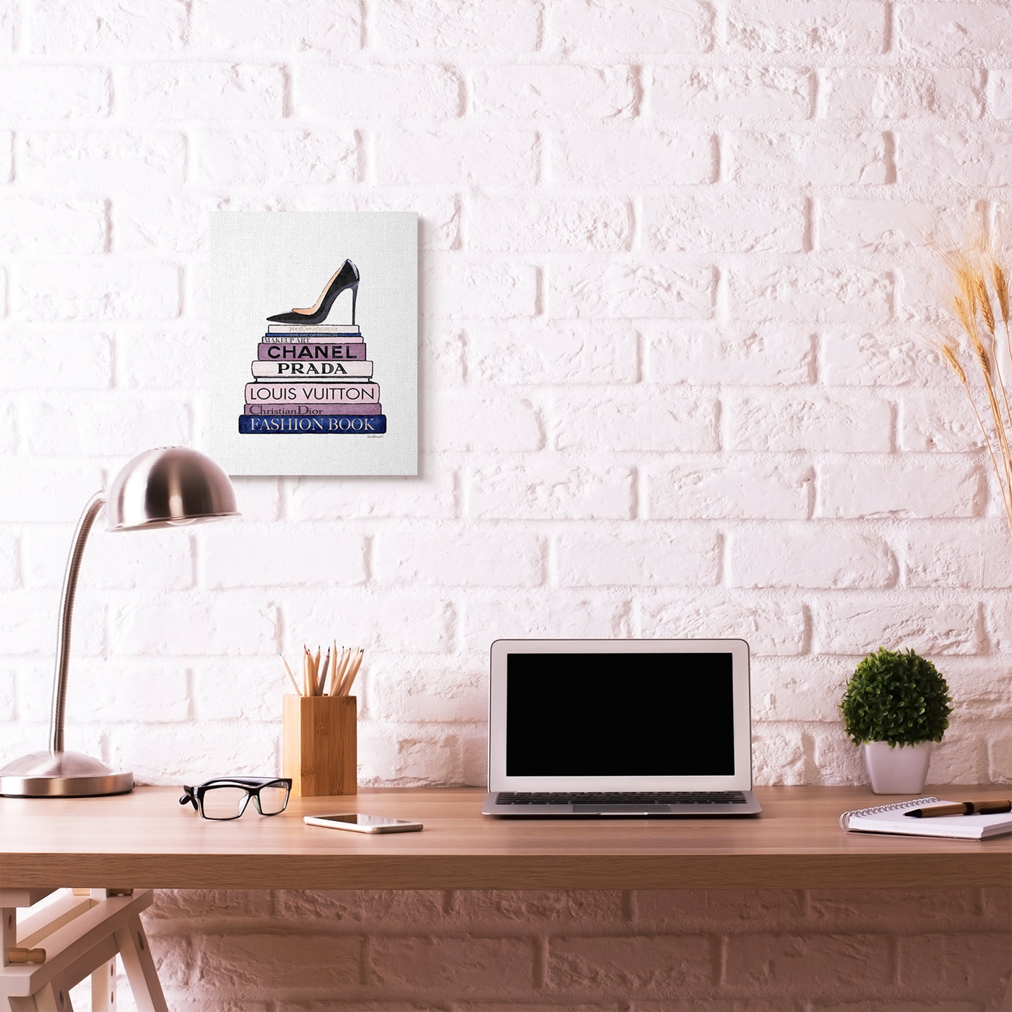 Stupell Industries Fashion Designer Shoes Bookstack Blue Purple Watercolor Canvas Wall Art by Amanda Greenwood