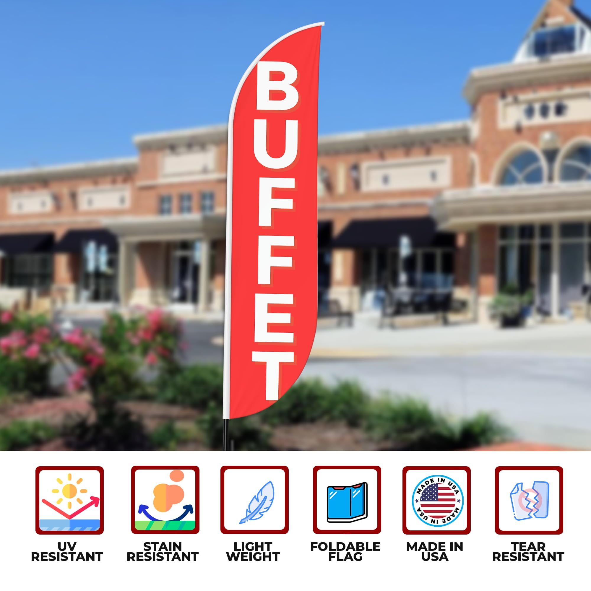 Buffet Sign feather flag Pole Mount for Outdoor by Mavis Print | 15 FEET Long Polyester Outdoor Banner Flag with Pole Kit for Easy Hang | HD Print Swooper Flag Pole Mount for Food Advertising ade