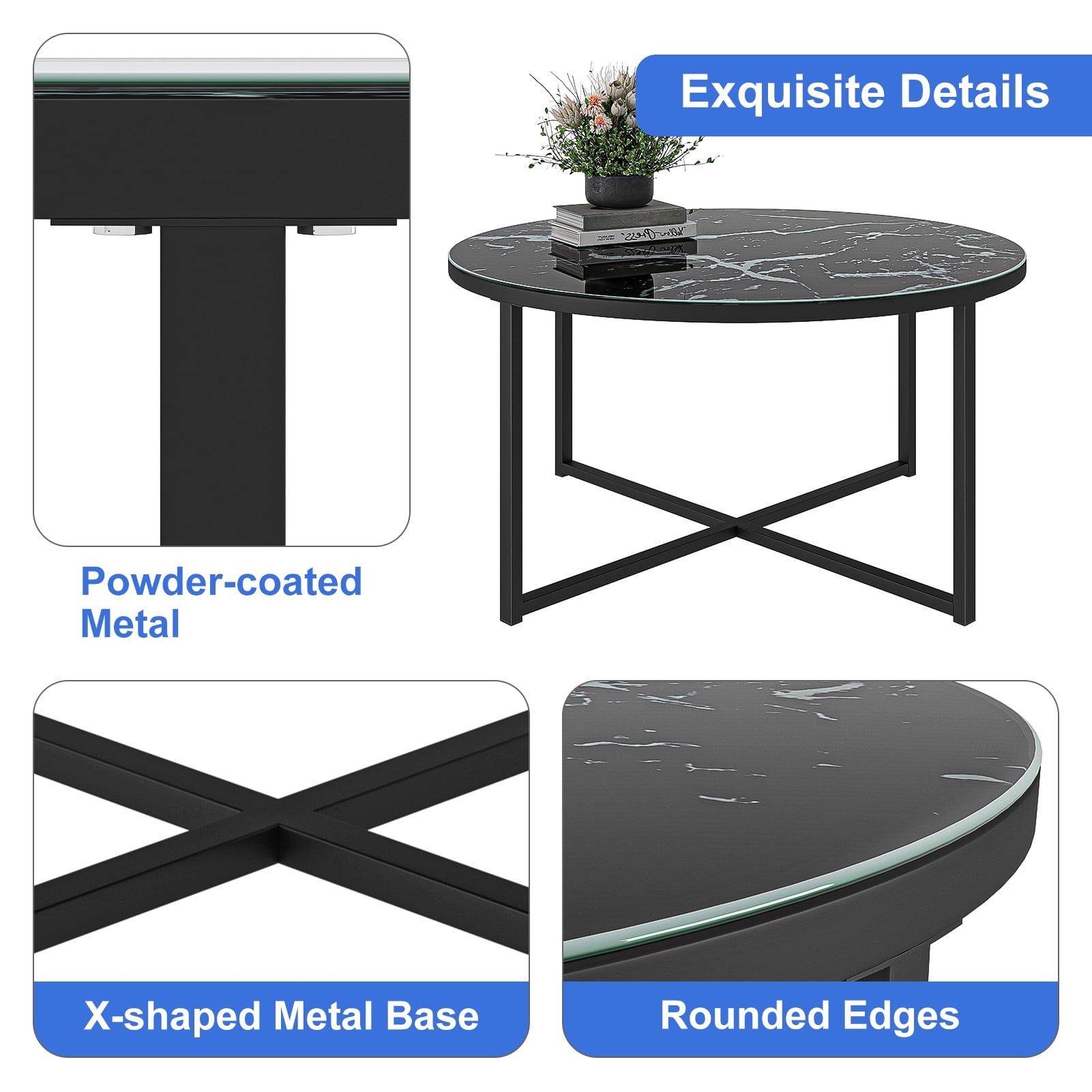 Kadyn Cross Legs Coffee Table, Modern Metal Sofa Center Table for Living Room, Round Table Cocktail Table with Metal Base, Black Kadyn Cross Legs Coffee Table, Modern Metal Sofa Center Table for Living Room, Round Table Cocktail Table with Metal Base, Black