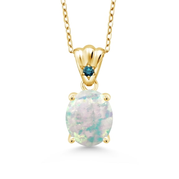 Gem Stone King 2.03 Ct Oval Cabochon White Simulated Opal Blue Diamond 18K Yellow Gold Plated Silver Pendant