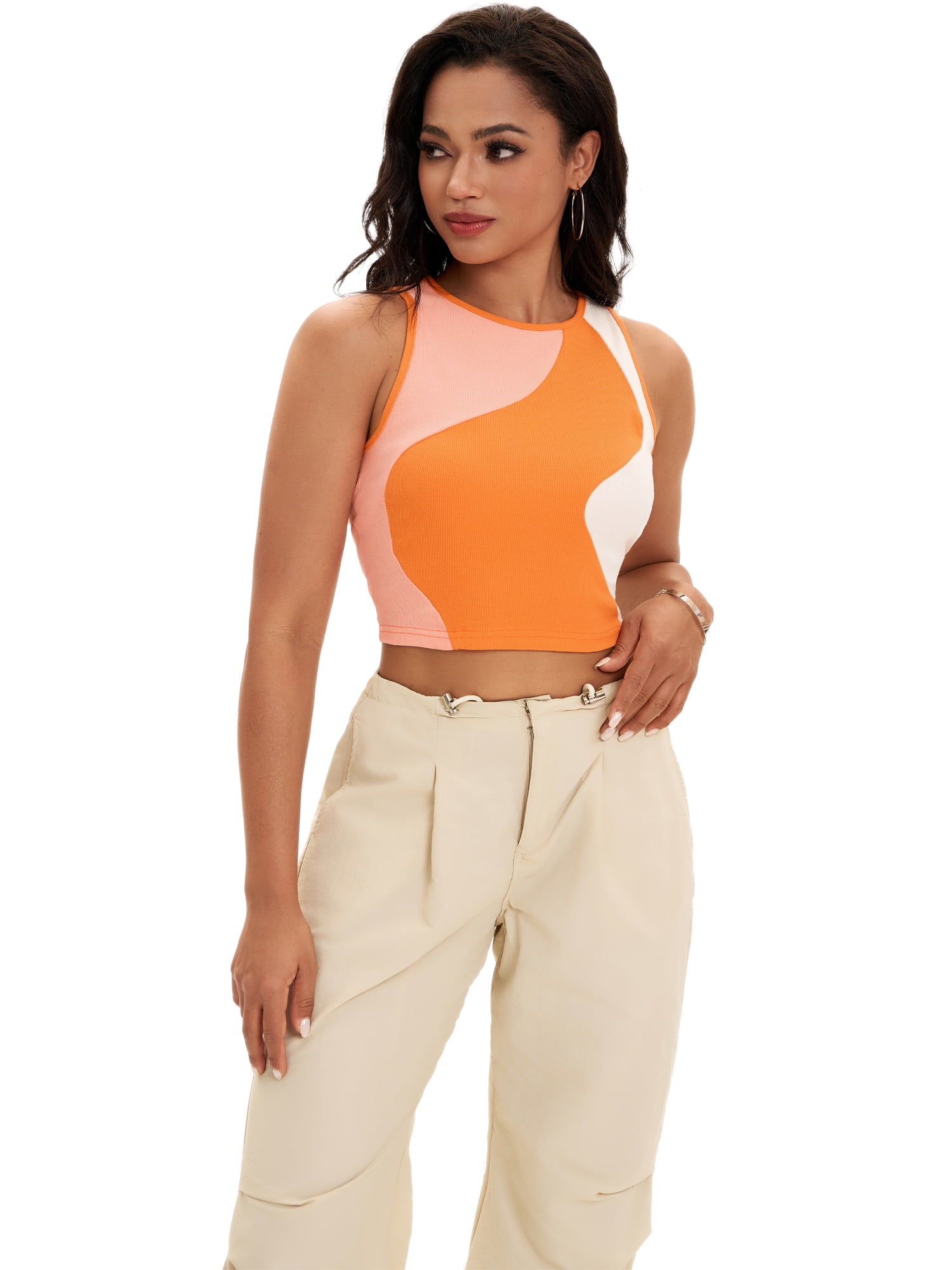 DARING DIVA Women's Color Block Ribbed Sleeveless Crop Tank Tops M Orange