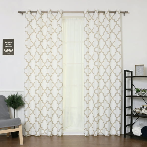 Quality Home Oxford Basketweave Reverse Moroccan Print Curtains – Stainless Steel Nickel Grommet Top – Beige – 52"W x 84"L - (Set of 2 Panels)