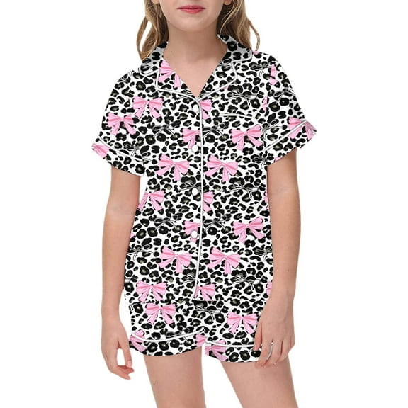Angala Leopard Print Flannel Pajama For Girls Cozy Two Piece Loungewear With Bow Detail Soft Sleepwear Outfit For Toddlers And Kids Cozy Stylish Children Outfit Set 10-11 Years