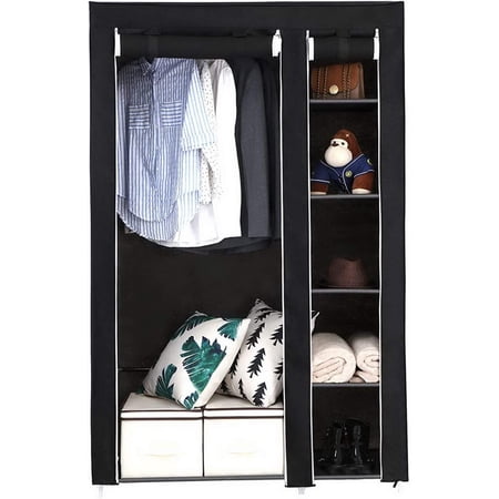 Knocbel Freestanding Closet Organzier, 5 Layer Wardrobe Portable Clothes Garment Rack Dustproof Fabric Cover with Storage Shelves Hanging Rod, 42" W x 17 3/4" D x 67" H Black