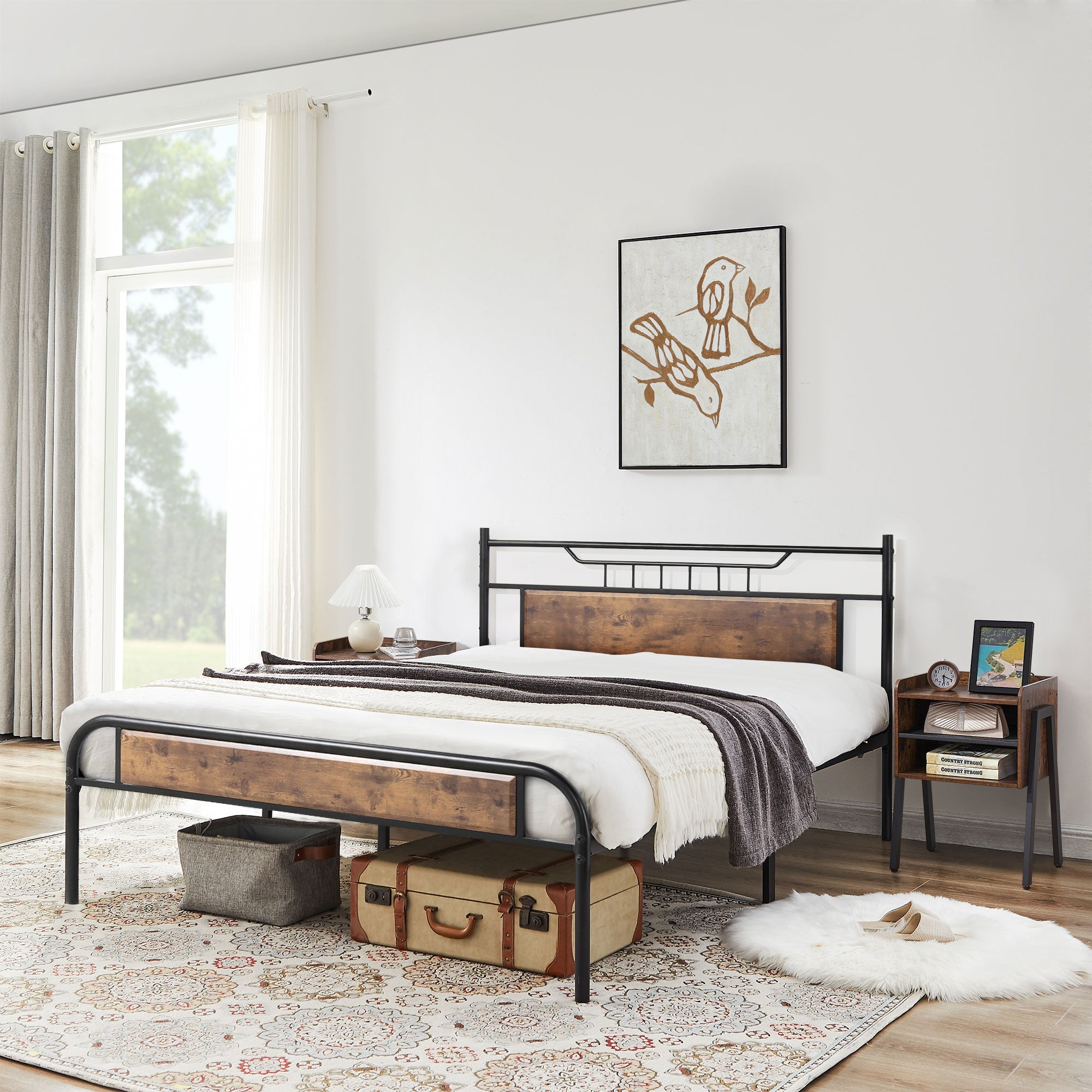 Vecelo 3 Piece Bedroom Set Full Size Metal And Wood Platform Bed Frame With Set Of 2 Stackable Nightstands End Table Walmart Com