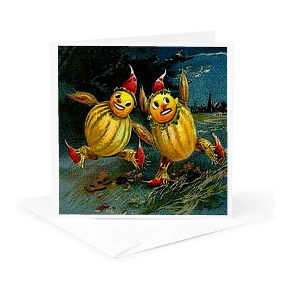 3dRose, Vintage Halloween Scarecrows Running, 1 Greeting Card with envelope