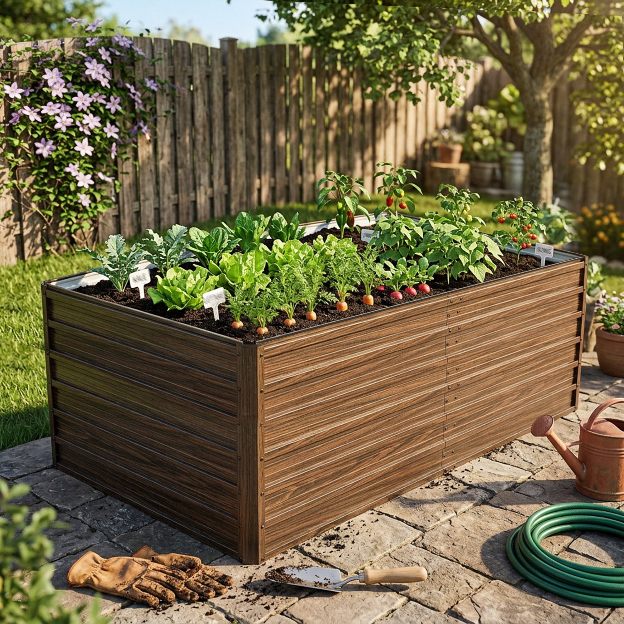 Leumius 1-Pack 6x3x2 FT Metal Raised Garden Beds, Reinforced Rustproof Colored Steel Planter Boxes for Vegetables, Flowers, Herbs and Succulents Walnut