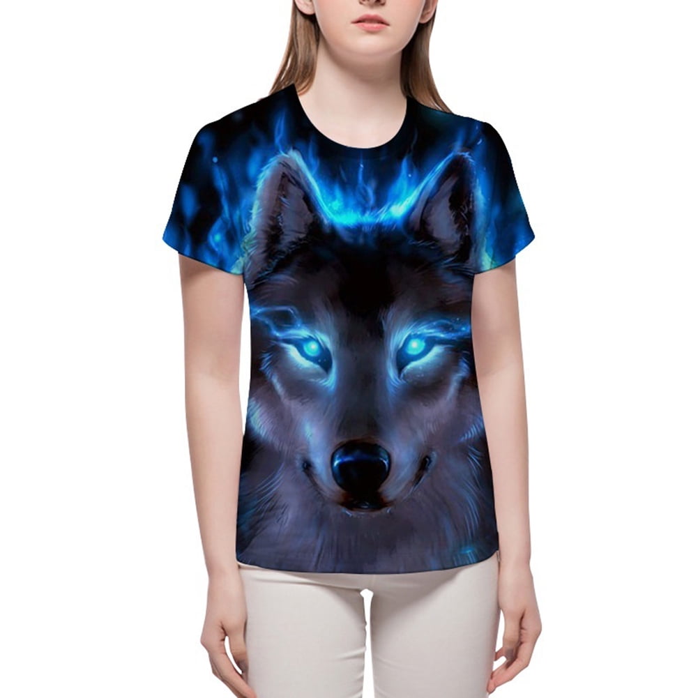 HEVIRGO Vivid 3D Wolf Printed Short Sleeve T-shirt Round Neck Plus Size Tee Top