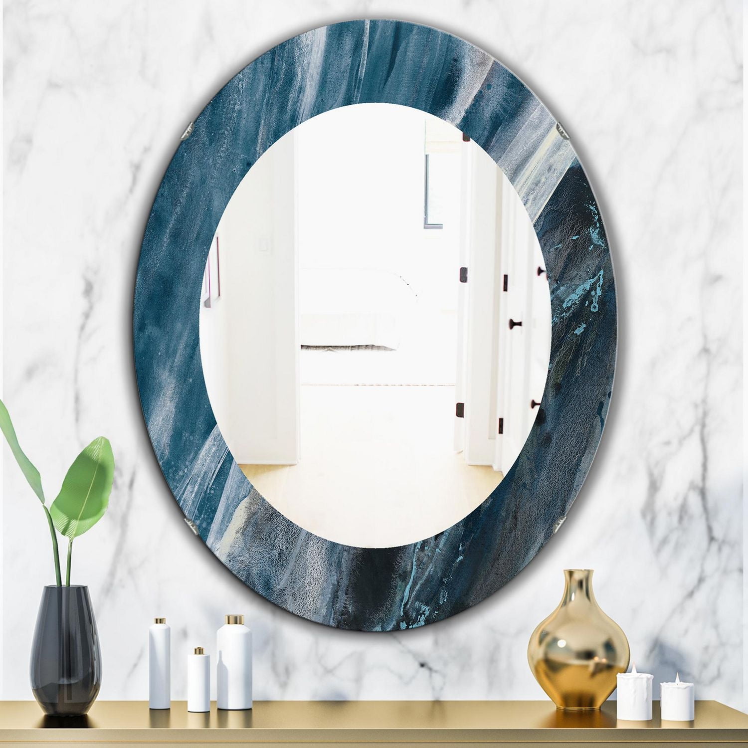 Designart 'Splash Blue Indigo' Modern Mirror - Oval or Round Wall Mirror - 24x36