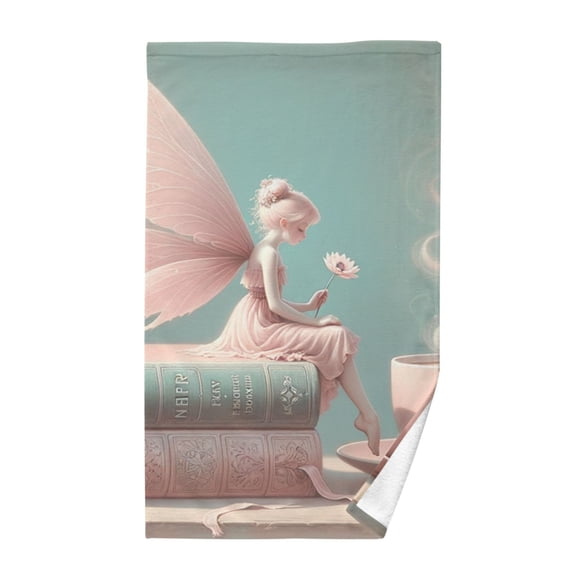 Cotton Bath Towels Soft Face Towel Absorbent Quick Dry Fairy on Book with Coffee 16"x28"