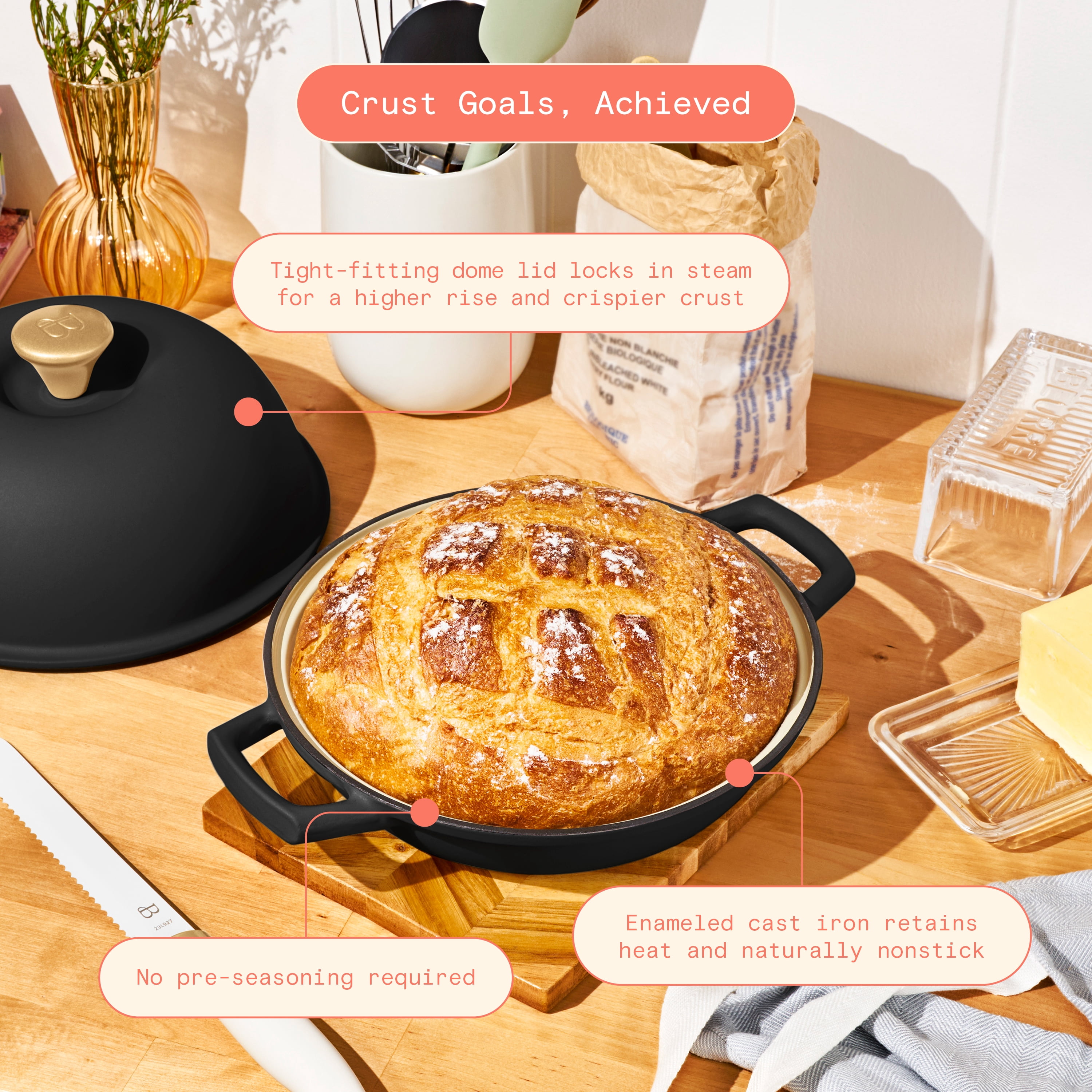 Beautiful Enameled Cast Iron Bread Oven, 10 inch, Round, Black Sesame by Drew Barrymore
