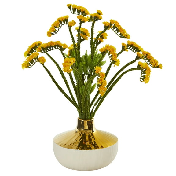 Nearly Natural 17in. Baby Breath Artificial Arrangement in Gold and Cream Elegant Vase
