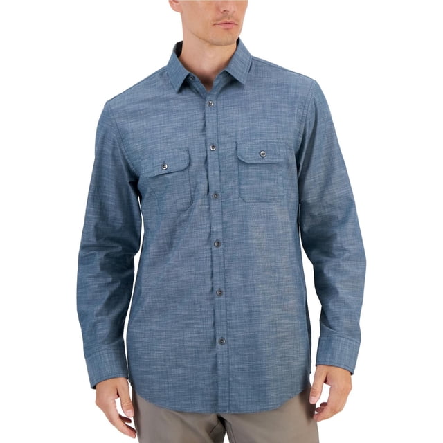 Alfani Mens Heathered Button Up Shirt, darkblue, M Neck