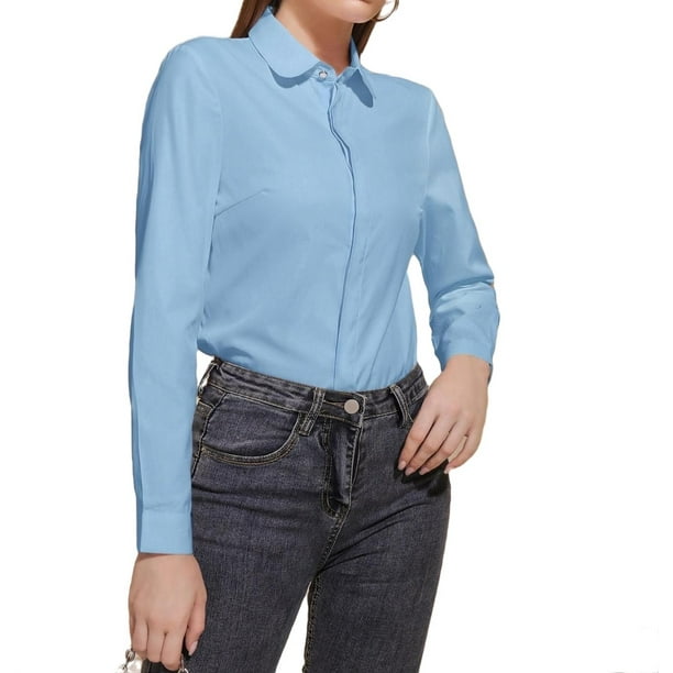 Baby Blue Casual Plain Shirt Collar Women's Blouses