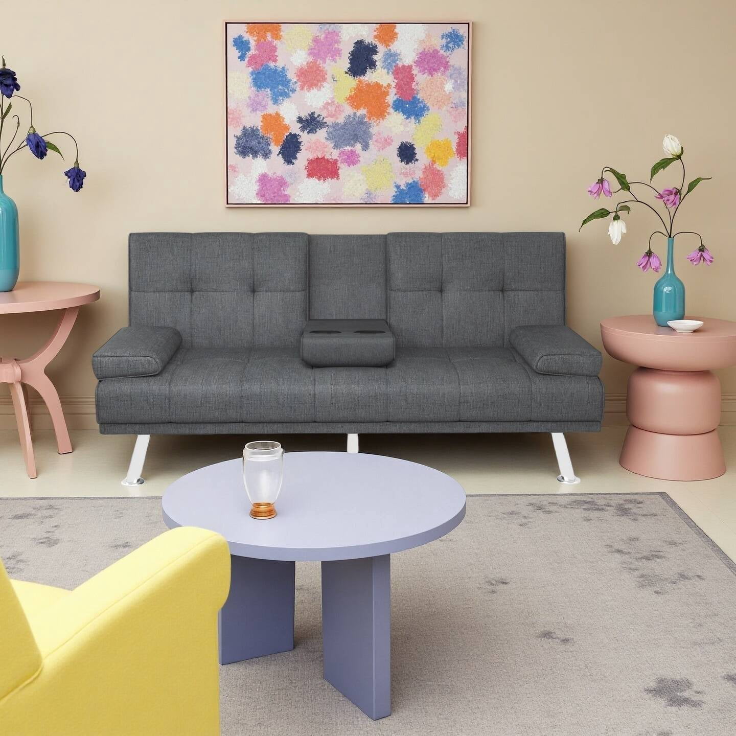 Folding Sofa Bed with Cup Holder Convertible Futon Couches Adjustable Backrest Modern Linen Furniture Upholstery for Living Room