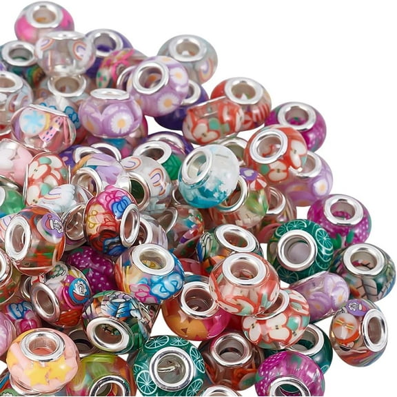 60Pcs Resin European Beads Bulk 14mm Large Hole Beads with Silver Color Stainless Steel Cores Colorful Loose Spacer Bead for DIY Bracelet Keychain Jewelry MakingHole:5mm Colorful