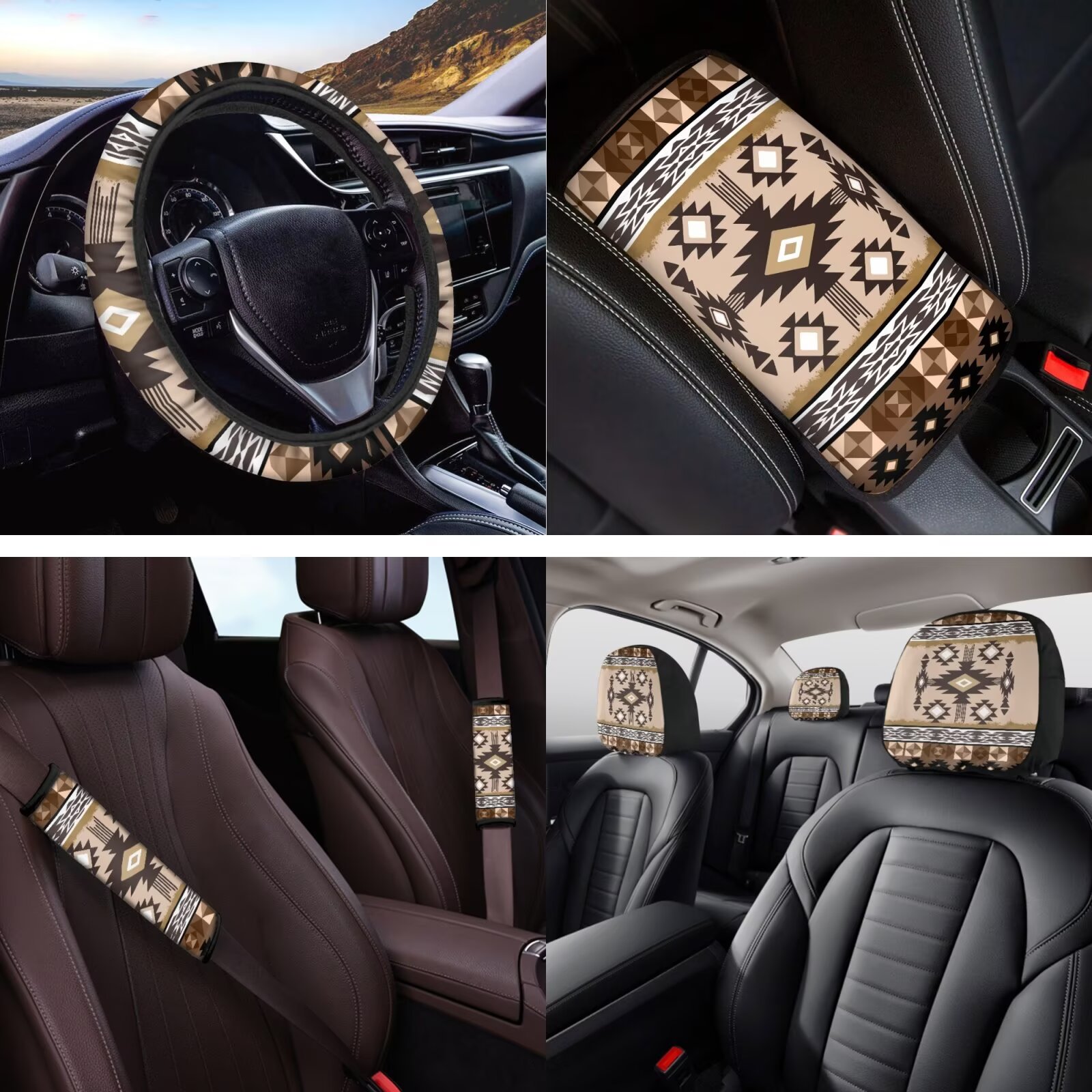 Yuyamidu Aztec Ethnic Car Seat Covers Full Set of 14 Geometric Steering Wheel Cover Auto Seat Belt Cover Coaster Armrest Cover Headrest Covers Keychain Auto Accessories, Brown