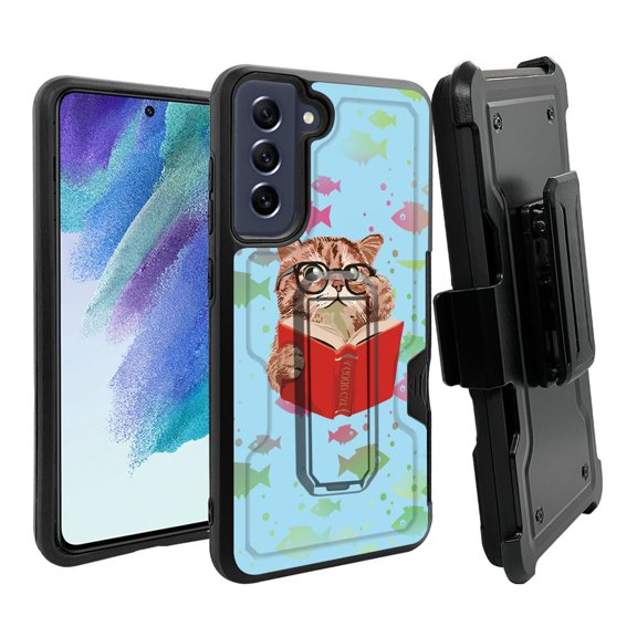 ANJ  Rugged Dual Layer Hybrid Holster Kickstand Case w/ Card Slot   Tempered Glass Cover for Samsung Galaxy S21 FE 5G - Scholar Cat