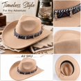 thumbnail image 2 of Qwertyu Wide Brim Western Cowboy Cowgirl Hat with Wind Lanyard Felt Fedora Hat for Men Women Beige, 2 of 6