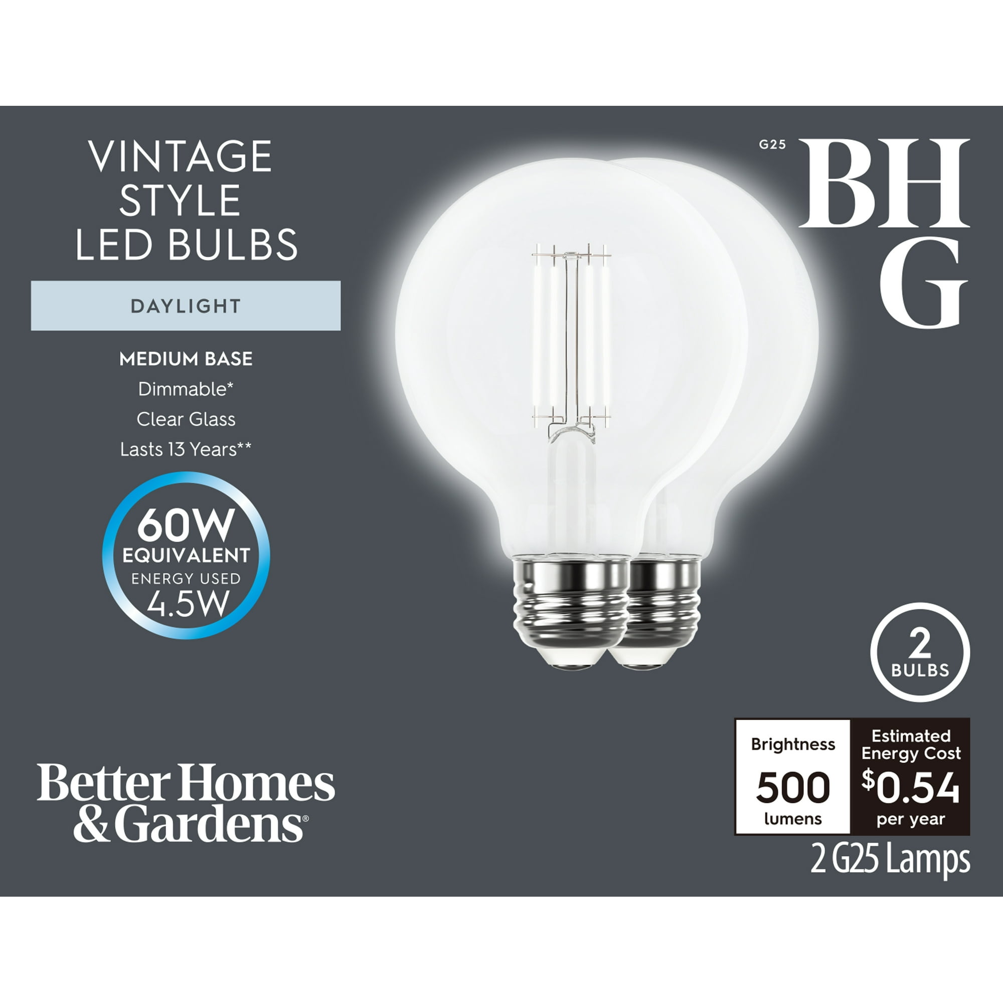 Better Homes & Gardens LED Bulb, 4.5W (60W Equivalent), G25 Vintage Style, E26 Base, Dimmable, Daylight, 2-Pack