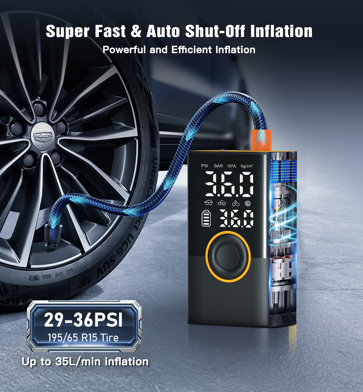 Tire Inflator Portable Air Compressor, 150 PSI Cordless Bike Pump, Air Pump for Auto, Motorcycle, Bicycle, Balls with Pressure Gauge, LED Light & Car Accessories,Yellow