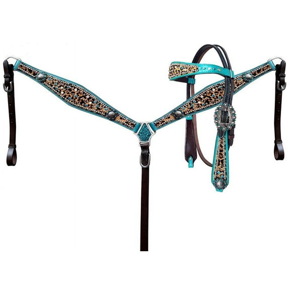 Showman Leather Headstall & Breast Collar Set w/ Cheetah Print & Teal Metallic Accent