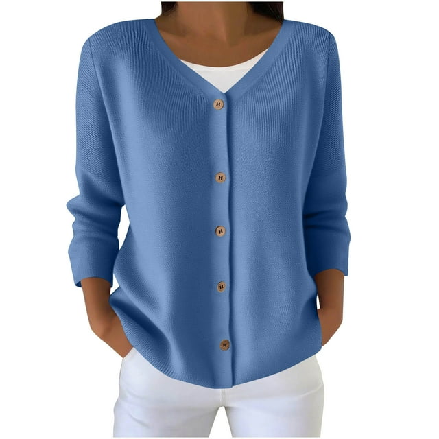 HongQid Women's Button Down Crew Neck Long Sleeve Soft Knit Cardigan Sweater