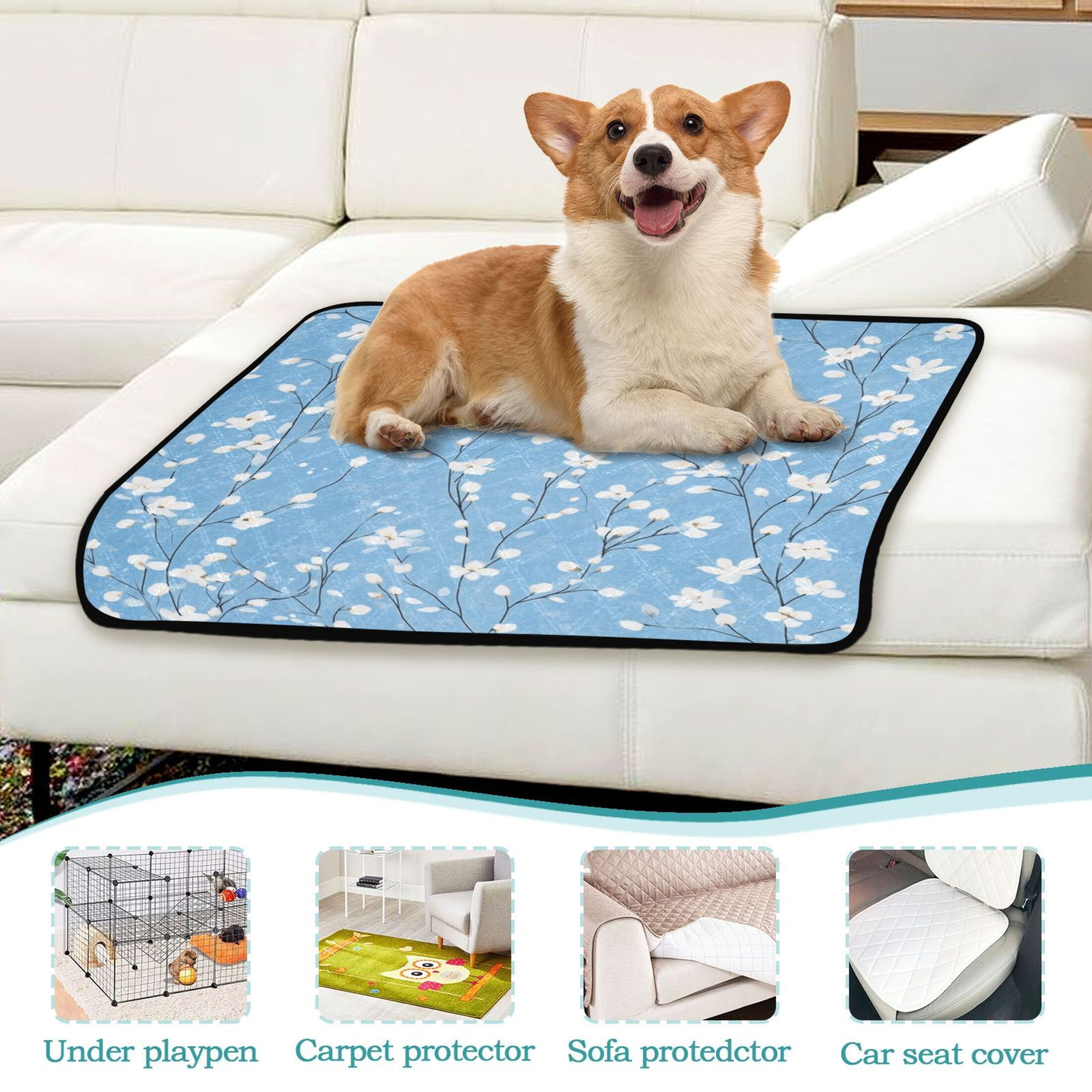 Qxltty Light Blue Background with White Floral Pattern Cat litter Pads Pet Set of 3 Diaper Mats Center Anti-leakage Layer Absorbent Soft and Comfortable